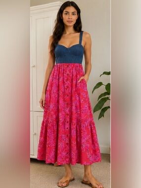 Band of Gypsies Denim Bodice Floral Maxi Dress Pink Blue Size Medium